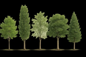 A serene lineup of tall trees standing in a row against a black background, symbolizing growth and stability