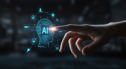 Futuristic AI Technology Concept: Hand Touching Digital Interface with Artificial Intelligence Head and Icon Elements, Machine Learning and Innovation