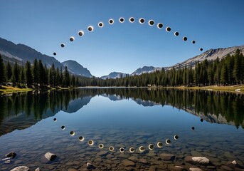 A serene mountain landscape with a clear, reflective lake in the foreground, surrounded by pine forests. The sky above features a time-lapse sequence of a solar eclipse, showing each phase of the ecli