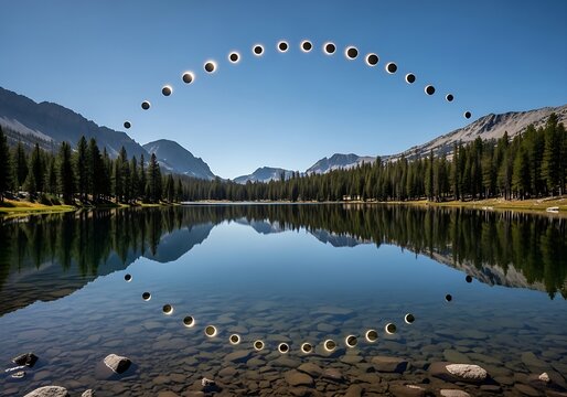 A serene mountain landscape with a clear, reflective lake in the foreground, surrounded by pine forests. The sky above features a time-lapse sequence of a solar eclipse, showing each phase of the ecli