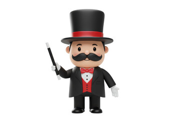 Isolated 3D Render of a Charming Magician Character with a Top Hat and Magic Wand, Entertainment Icon