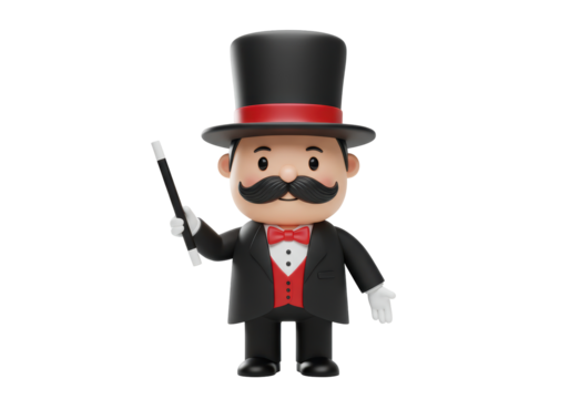 Isolated 3D Render of a Charming Magician Character with a Top Hat and Magic Wand, Entertainment Icon