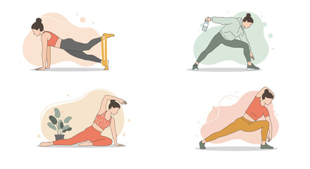 A woman is doing different types of exercises, including stretching, resistance band work, and standing poses isolated on white background