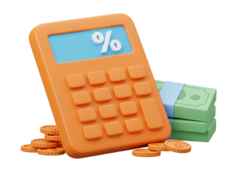 Isolated Calculator with Percentage Sign and Stacks of Money - Financial Calculation and Savings Concept