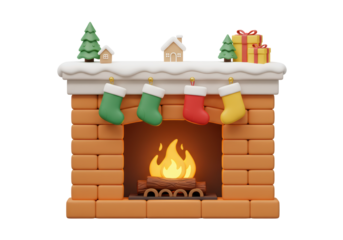 Isolated Festive Fireplace with Christmas Decorations - Holiday Season Warmth and Cheer