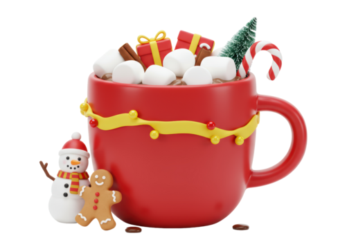 Isolated Christmas Hot Chocolate Mug with Marshmallows and Festive Decorations