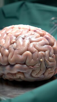 Glistening Brain Close Up with Green Surgical Drape and Visible Instruments Detailed Anatomical Study