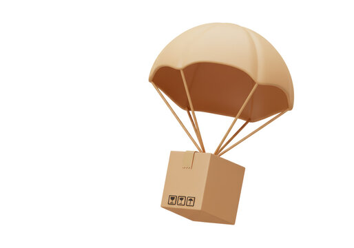 Isolated Cardboard Box Descending with a Parachute