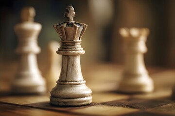 Fototapeta premium A close-up of a white chess king with blurred pawns and a wooden board.