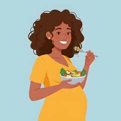 A joyful pregnant Black woman is eating a nutritious bowl of fresh salad, promoting a healthy diet and wellness during maternity. Vector art