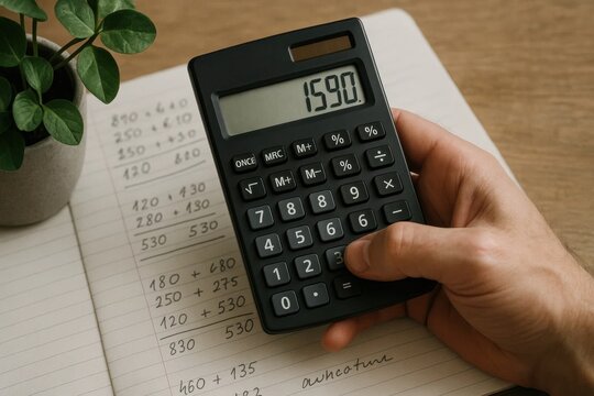 A Hand Holds a Calculator on a Notepad with Mathematical Equations