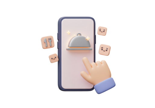 Isolated Smartphone with Hand Clicking on Food Delivery App, Online Ordering Concept 3D Icon