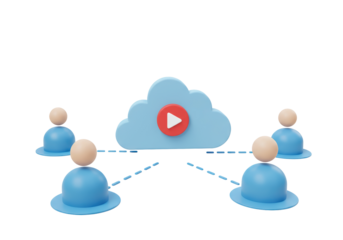 Isolated Cloud with Play Button Connected to Multiple User Icons, Cloud Streaming and Networking Concept 3D Icon