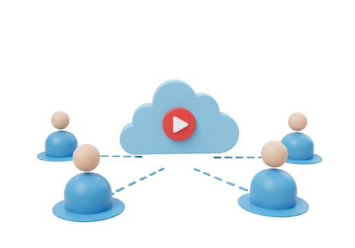 Isolated Cloud with Play Button Connected to Multiple User Icons, Cloud Streaming and Networking Concept 3D Icon