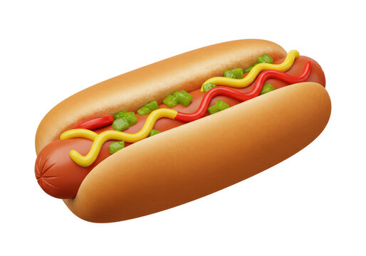 Isolated 3D Render of a Hot Dog with Mustard and Relish