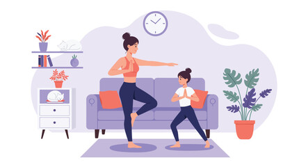 A mother and daughter are doing yoga together at home, isolated on white background they are in tree pose with arms extended and are having a great time