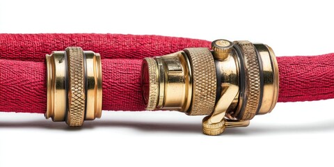 Red fire hose with brass fittings, isolated on a white background, detailed photograph, award-winning photography.