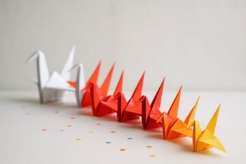 A vibrant array of origami cranes, each with its own unique color, forms a striking lineup against a minimalist backdrop