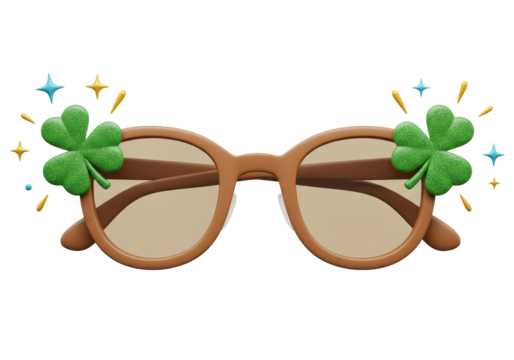 Isolated 3D Render of Brown Glasses with Green Four-Leaf Clovers, St. Patrick's Day Theme