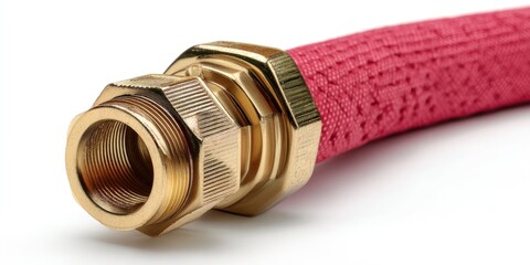 Red fire hose with brass fittings, isolated on a white background, detailed photograph, award-winning photography.