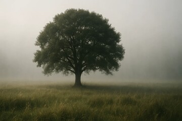 Obraz premium A Lone Tree Stands Tall in a Misty Field