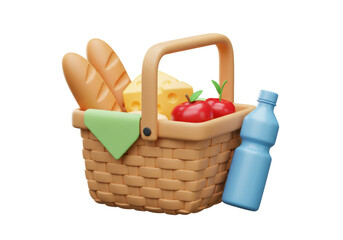 Isolated Picnic Basket with Food and Drink Bottle 3D Render
