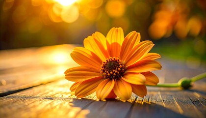 A single orange flower rests on a wooden surface bathed in warm sunset light