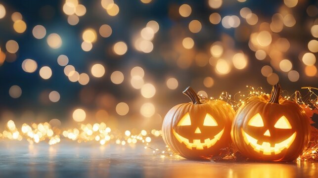 halloween festival. Two glowing pumpkins with bokeh lights in the background. - Powered by Adobe