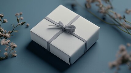 Elegant white gift box with a grey ribbon on a blue background, perfect for promotions, holidays, and celebrations.