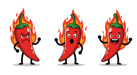 Hot Chili Pepper Cartoon Characters with Different Emotions
