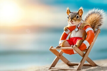 A squirrel sitting in a chair on the beach with a life preserver