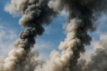 a swirling vortex of smoke billows against the backdrop of a serene blue sky, symbolizing the unpredictable and often destructive forces of our environment