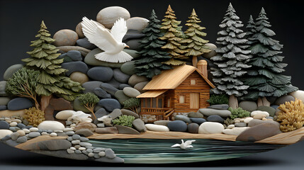 A miniature diorama or model made of carved and painted stone and wood, depicting a log cabin by a pond with a flying dove and pine trees.