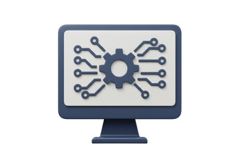 Isolated 3D Render of a Computer Monitor with a Gear and Circuit Board Design