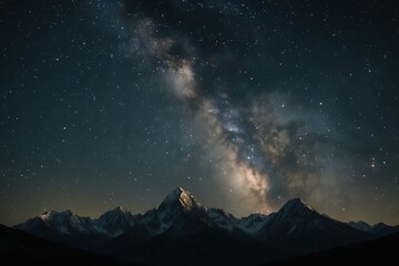 A tranquil night sky blanketed with stars and a whimsical trail of milky white smoke from a distant galaxy, casting an ethereal glow over the majestic silhouette of snow-capped mountains