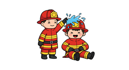 Playful Cartoon Firemen Splashing Water on Helmet