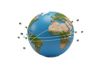 Isolated 3D Render of a Connected Global Network Earth with Metallic Spheres