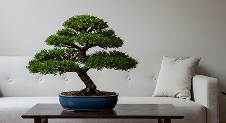 Elegant Bonsai Tree on Coffee Table in Minimalist Living Room Interior Design
