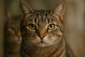 A tabby cat gazes intently into the camera lens