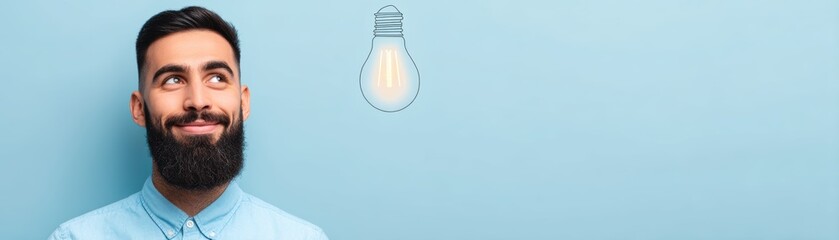 Fototapeta premium A man with a beard smiles while looking up at a light bulb, symbolizing creativity and ideas against a light blue background