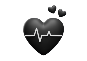 Isolated Black Heart with White Heartbeat Line and Floating Hearts, Symbolizing Health and Love