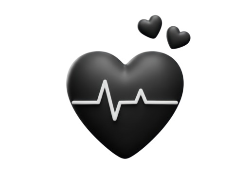 Isolated Black Heart with White Heartbeat Line and Floating Hearts, Symbolizing Health and Love
