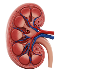 Isolated Detailed 3D Render of a Cross-Section of the Human Kidney, Medical Anatomy Illustration