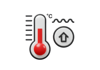 Isolated 3D Render of a Thermometer Showing Rising Temperature with Celsius and Up Arrow Symbols