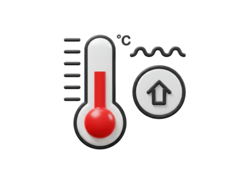 Isolated 3D Render of a Thermometer Showing Rising Temperature with Celsius and Up Arrow Symbols