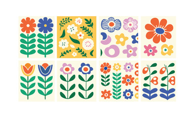 A retro-inspired garden scene with multiple flowers in simplified abstract shapes, large leaves, and bold playful arrangements across a vibrant surface.