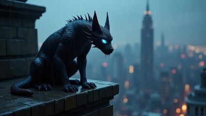 Dark gargoyle perched on building overlooking cityscape at night