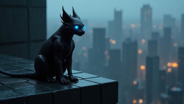 Cyberpunk creature with glowing eyes perched on a rooftop overlooking a futuristic city
