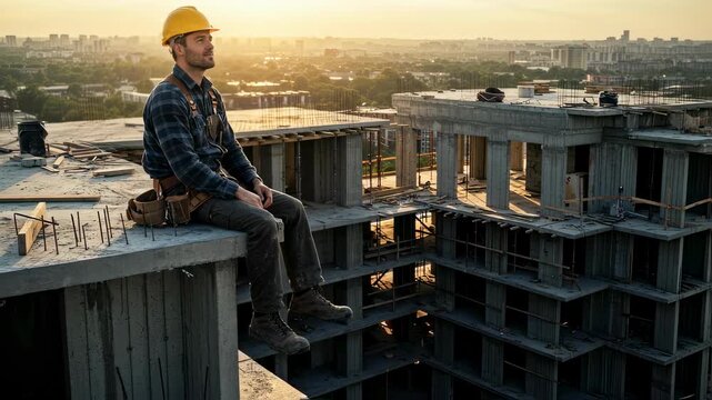 A male construction worker wearing a hard hat sitting on a rooftop edge, watching the sunset over a cityscape at a building site, footage.