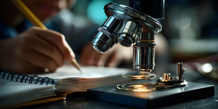 Child Using Microscope with Notebook in School Science Lab, Warm Light and Shallow Focus perfect for STEM education materials, science fair posters, tutoring ads and classroom blog headers